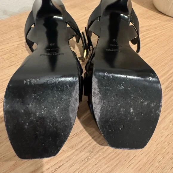 Saint Laurent Black Patent T-Strap Heels with Gold Logo - Picture 5 of 16